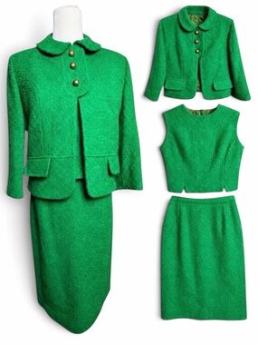 Arthur Jay Vintage 1960s Tweed 3 Piece Skirt Suit Emerald Green XS